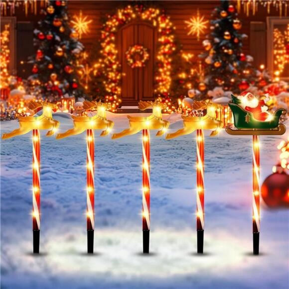 Solar Christmas Pathway Lights Decor, Set of 5 Packs Santa Claus and Reindeer - Picture 2 of 8